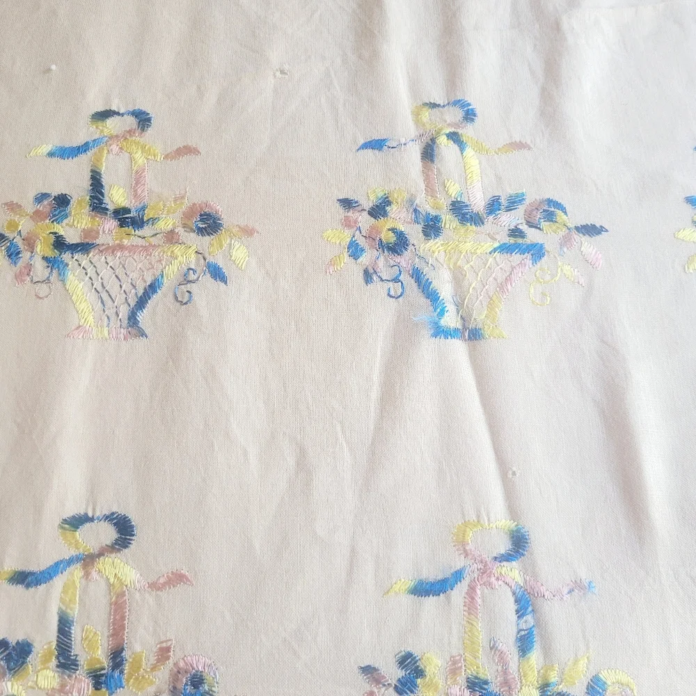 Vintage Handmade Linen Round Tablecloth Lace Ivory Floral Basket‎ Embroidery